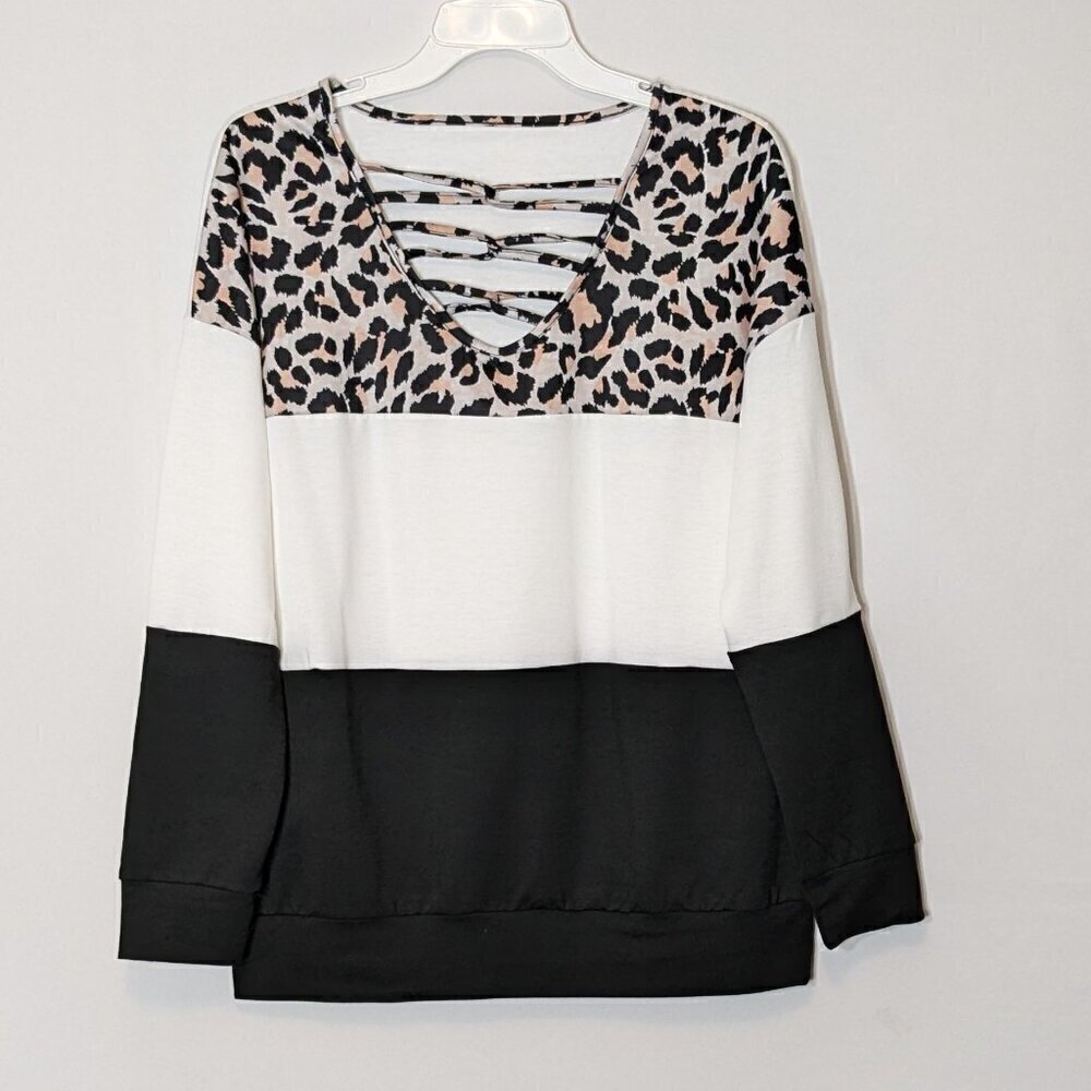 ANIMAL PRINT, Black & White Long Sleeve Knit Tunic Top; Size S